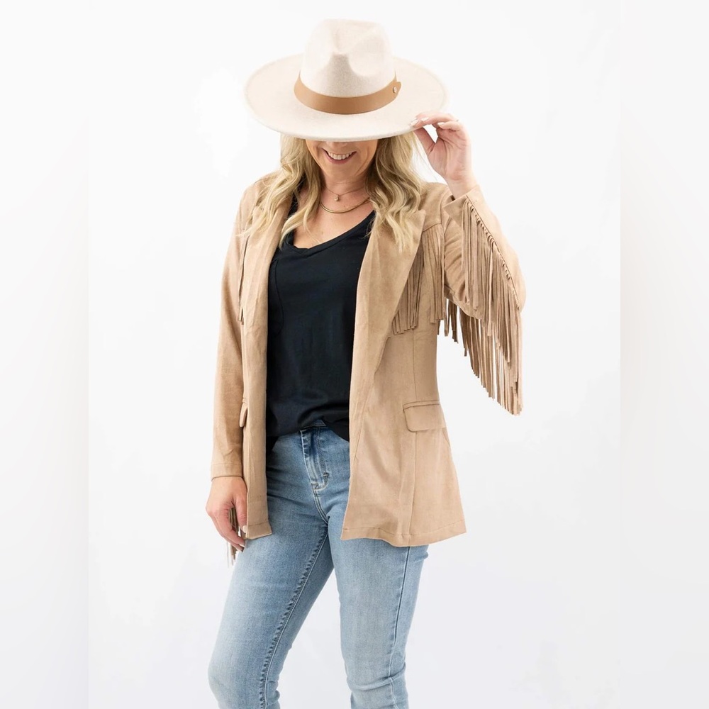TCEC Mocha Suede Fringe Blazer Jacket - Picture 2 of 11